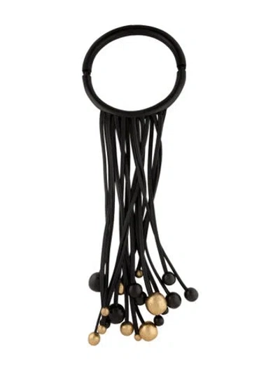 Pre-owned Monies Foil, Wood, & Leather Fringe Choker Necklace, 19" In Multi