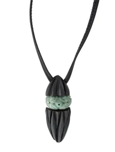 Pre-owned Monies Green Stone, Wood & Leather Pendant Necklace, 36" In Multi
