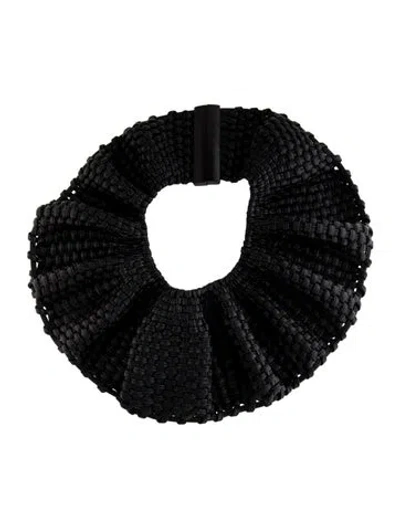 Pre-owned Monies Leather & Wood Collar Necklace, 30" In Black