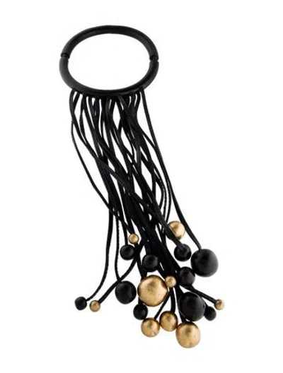 Pre-owned Monies Leather And Wood Fringe Choker Necklace, 12" In Multi