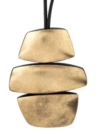 Pre-owned Monies Leather & Wood Pendant Necklace, 38" In Black/gold