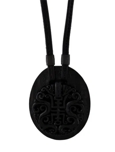 Pre-owned Monies Leather, Wood & Resin Pendant Necklace, 20.5" In Black/brown