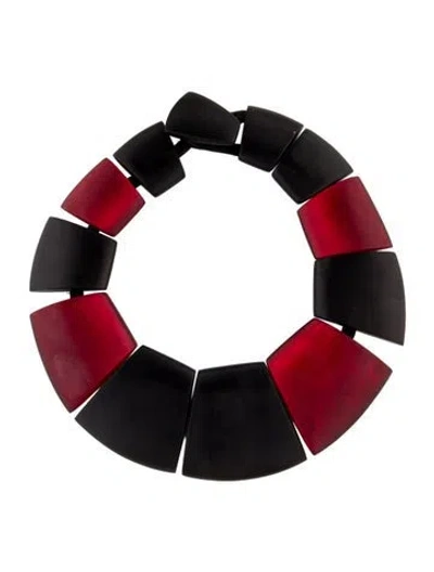 Pre-owned Monies Leather,wood, And Resin Collar Necklace, 21.75" In Red