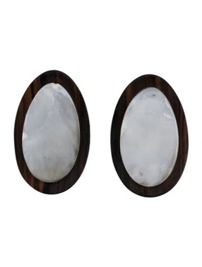 Pre-owned Monies Mother Of Pearl & Wood Clip-on Earrings In Brown