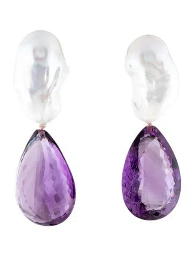 Pre-owned Monies Pearl & Stone Clip-on Drop Earrings In Purple