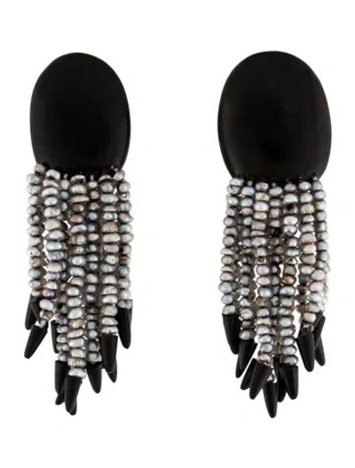 Pre-owned Monies Pearl & Wood Clip-on Drop Earrings In Multi