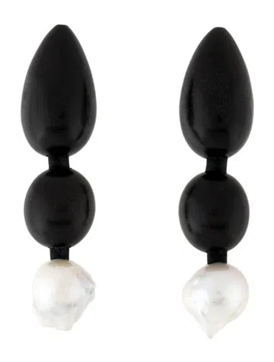 Pre-owned Monies Pearl & Wood Clip-on Earrings In Multi
