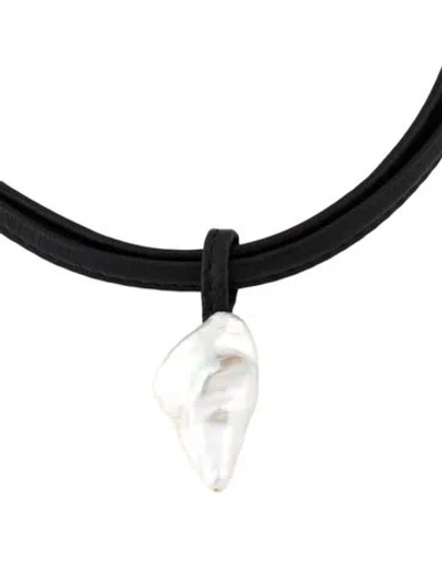 Pre-owned Monies Pearl, Leather & Wood Charbon Pendant Necklace, 17.5" In Black/white