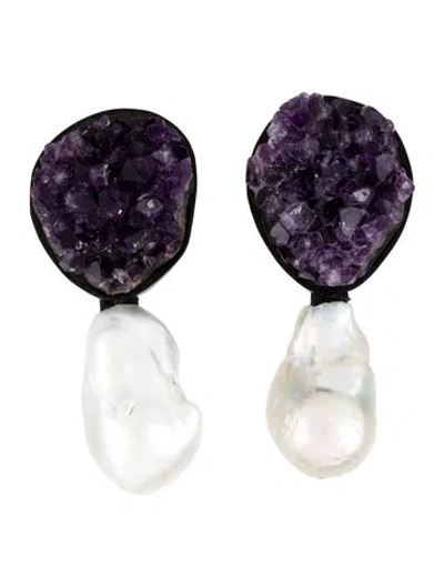 Pre-owned Monies Purple Stone, Ebony Wood & Pearl Drop Clip On Earrings In Multi