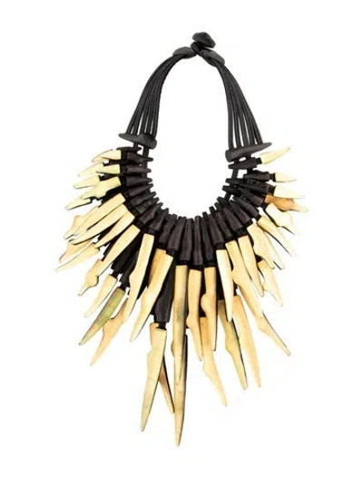 Pre-owned Monies Resin, Wood & Leather Spiked Collar Necklace, 18.5" In Black/yellow