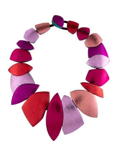 Pre-owned Monies Wood, Leather & Foil 'cara' Collar Necklace, 22" In Multi
