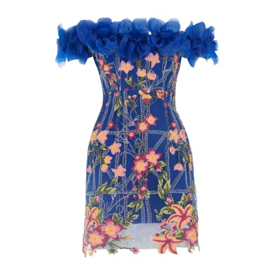 Monika Dimova Women's Blue Flower Appliqué Embroidered Dress