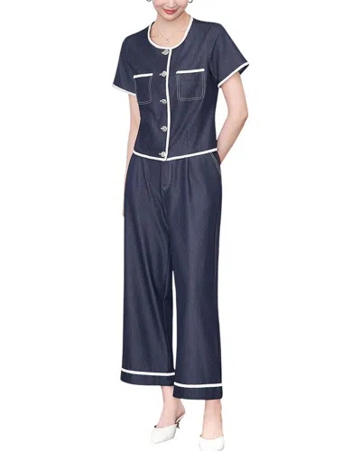Monique Lagarde 2pc Wool-blend Blouse & Pant Set In Blue