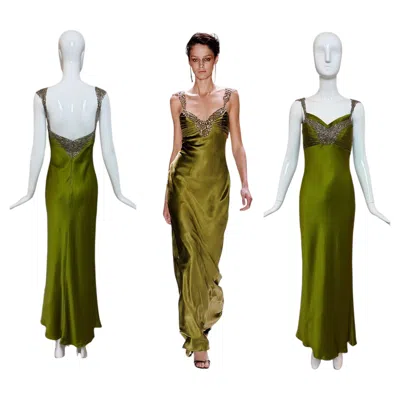 Pre-owned Monique Lhuillier 2005 Vintage Runway Green Silk Gown W. Crystals Maxi Dress