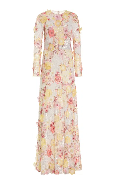 Monique Lhuillier 3d Embroidered Floral Gown