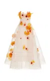 Monique Lhuillier 3d Poppy Embroidered Chiffon Silk Tea Length Gown In Pink
