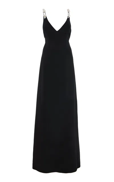 Monique Lhuillier A-line V Neck Wool Blend Gown With Pearl Straps In Black