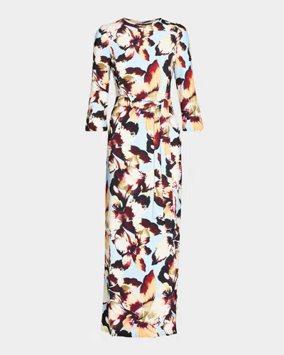 Monique Lhuillier Amber Lily Print Crepe Belted Maxi Dress In Blue