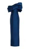 Monique Lhuillier Asymmetric Drape Neckline Column Gown In Blue