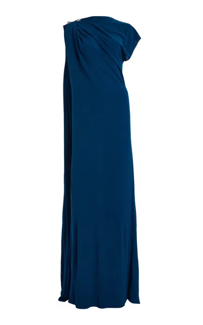 Monique Lhuillier Asymmetric Draped Gown With Streamer In Blue