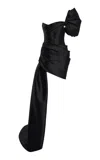 Monique Lhuillier Asymmetric Draped Mini Dress With Train In Black