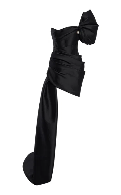Monique Lhuillier Asymmetric Draped Mini Dress With Train In Black