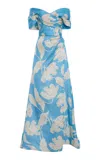 Monique Lhuillier Asymmetric Draped Off The Shoudler A-line Silk Gown In Blue