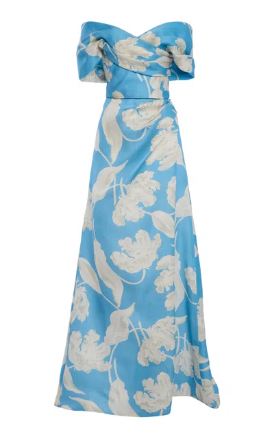 Monique Lhuillier Asymmetric Draped Off The Shoudler A-line Silk Gown In Blue