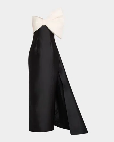 Monique Lhuillier Asymmetric Draped Strapless Bow Column Gown In Noir Silk White