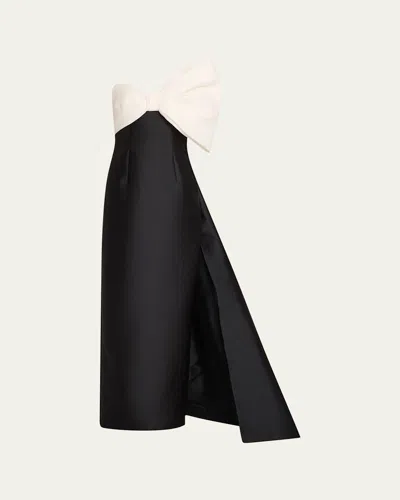 MONIQUE LHUILLIER ASYMMETRIC DRAPED STRAPLESS BOW COLUMN GOWN