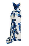 Monique Lhuillier Asymmetric Floral Printed Gazar Silk Column Gown In Blue