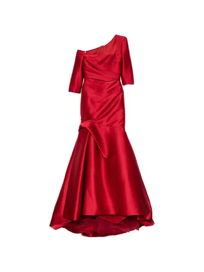Monique Lhuillier Asymmetric-neckline Ruched Gown In Red