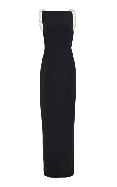 Monique Lhuillier Bateau Neckline Maxi Dress With Pearl Straps In Black