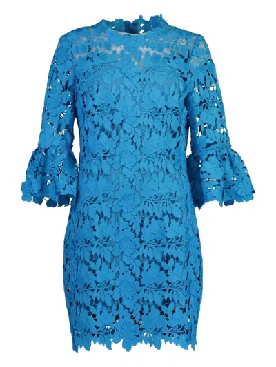 Monique Lhuillier Bell-sleeve Lace Mini Dress In Blue