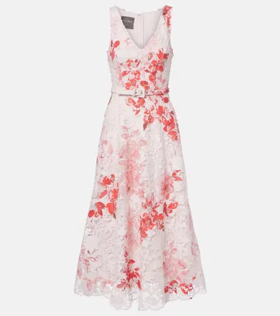 Monique Lhuillier Belted Floral Midi Dress In Multi