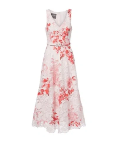 Monique Lhuillier Belted Floral Midi Dress In Multi