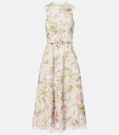 Monique Lhuillier Belted Lace Midi Dress In Neutral