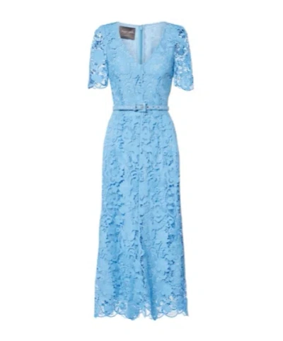 Monique Lhuillier Belted Lace Midi Dress In Blue