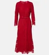 Monique Lhuillier Belted Lace Midi Dress In Red