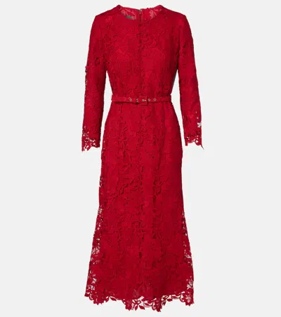 Monique Lhuillier Belted Lace Midi Dress In Red