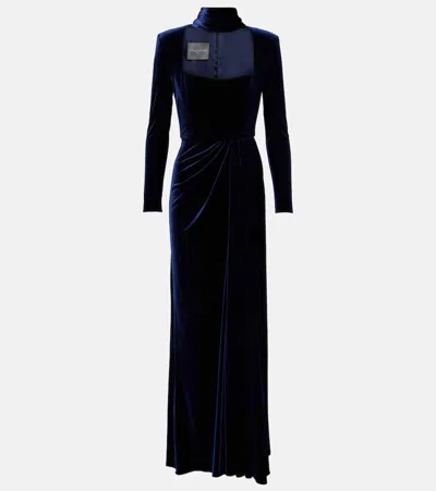 Monique Lhuillier Belted Velvet Gown In Blue