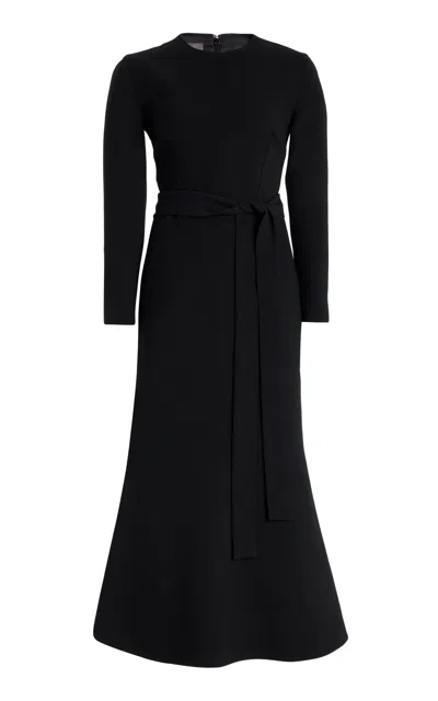 Monique Lhuillier Belted Wool-silk Midi Dress In Black