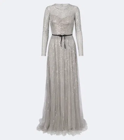 Monique Lhuillier Bow-detail Sequined Tulle Bustier Gown In Multi