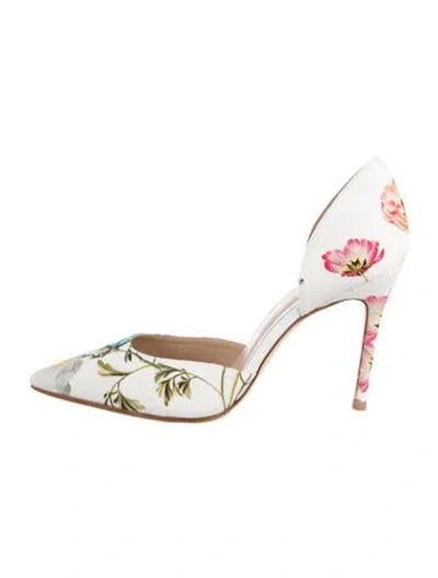 Pre-owned Monique Lhuillier Canvas Floral Print D'orsay Pumps In White