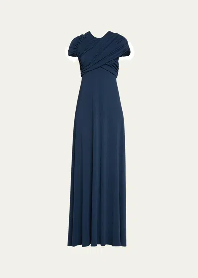 Monique Lhuillier Cap Sleeve Draped Bodice Gown In Night Sky