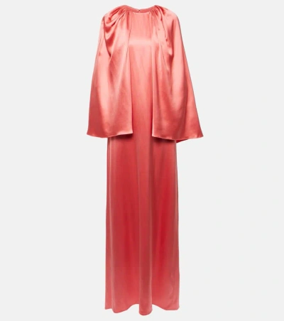 Monique Lhuillier Caped Silk Satin Gown In Pomegranate