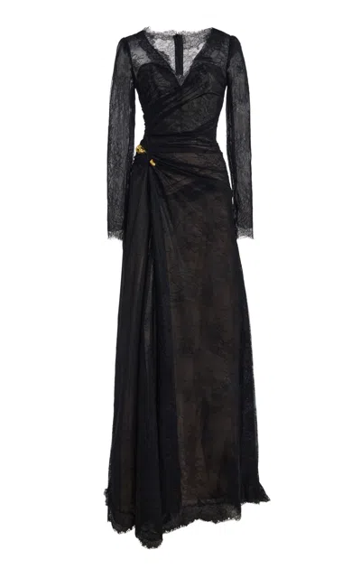 Monique Lhuillier Chantilly Lace Long-sleeve Gown In Black