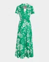 Monique Lhuillier Collared Short-sleeve Belted Midi Dress In Grasssilk White