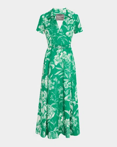 Monique Lhuillier Collared Short-sleeve Belted Midi Dress In Grasssilk White