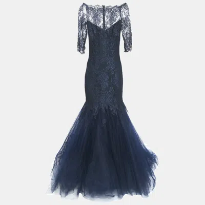 Pre-owned Monique Lhuillier Collection Navy Blue Floral Lace Layered Tulle Gown L
